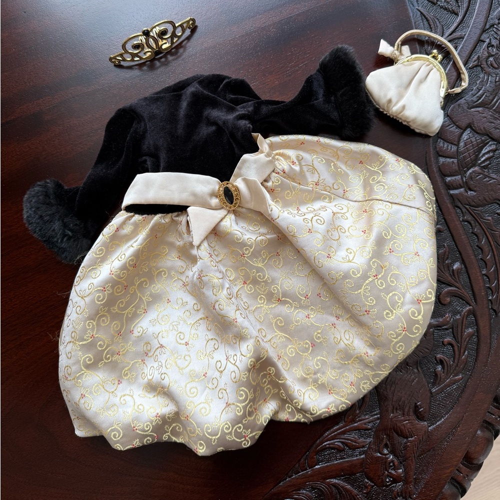 American Girl party dress, black and gold, with matching purse and tiara.